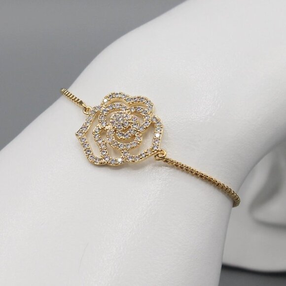 Jewelry bracelet rose flower elegant yellow gold tone adjustable sparkly new - Picture 2 of 6